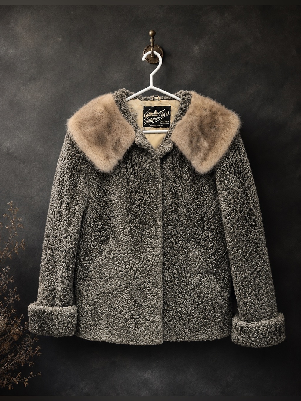 Vintage 1950s Persian Lamb Fur Coat w/ Genuine Mink Collar Offman Canada 🇨🇦 S/M